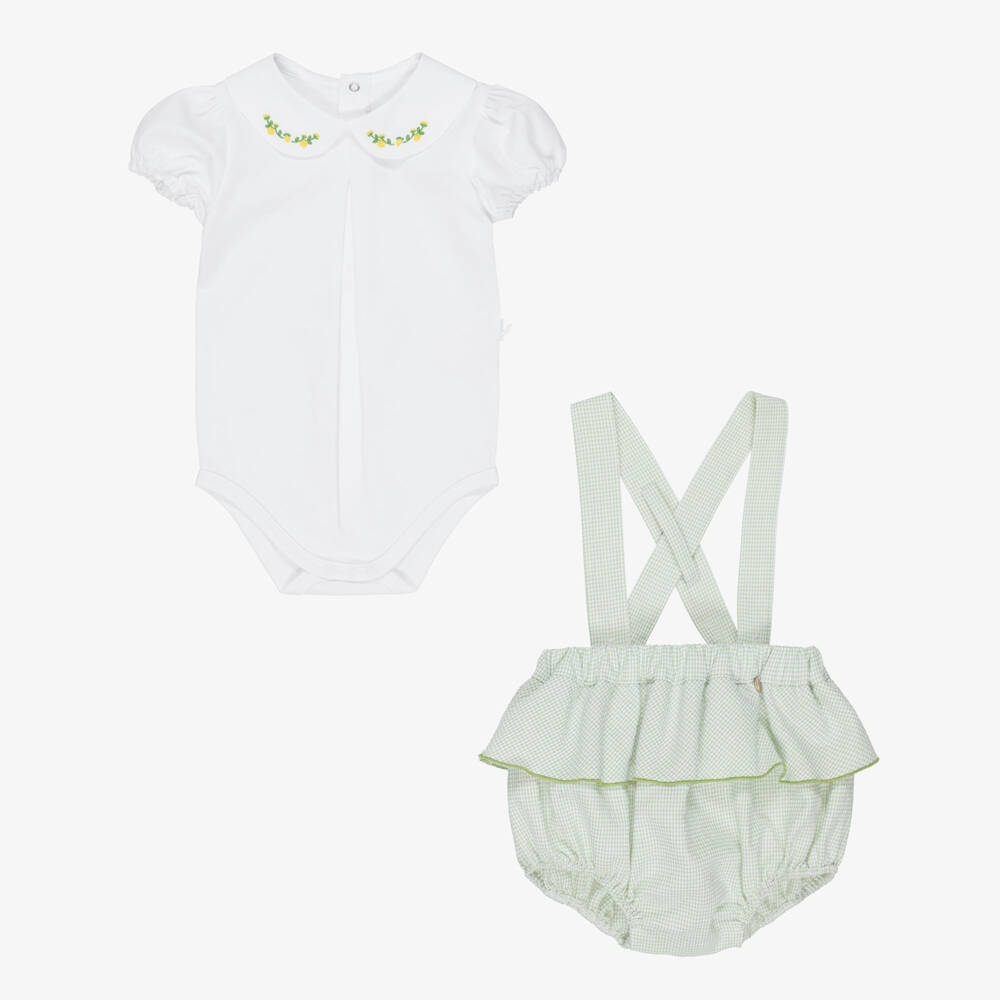 Pureté Du... Bébé-Girls Green Cotton Ruffle Gingham Shorts set | Childrensalon