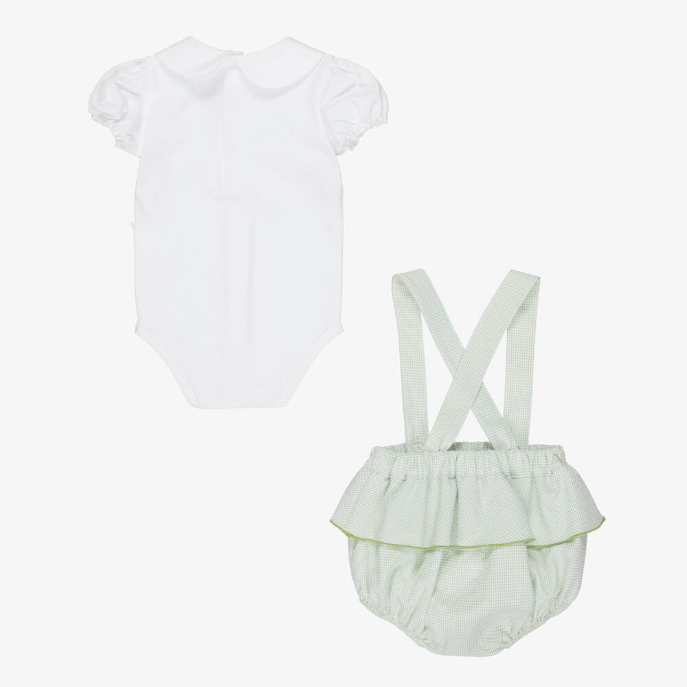 Pureté Du... Bébé-Girls Green Cotton Ruffle Gingham Shorts set | Childrensalon