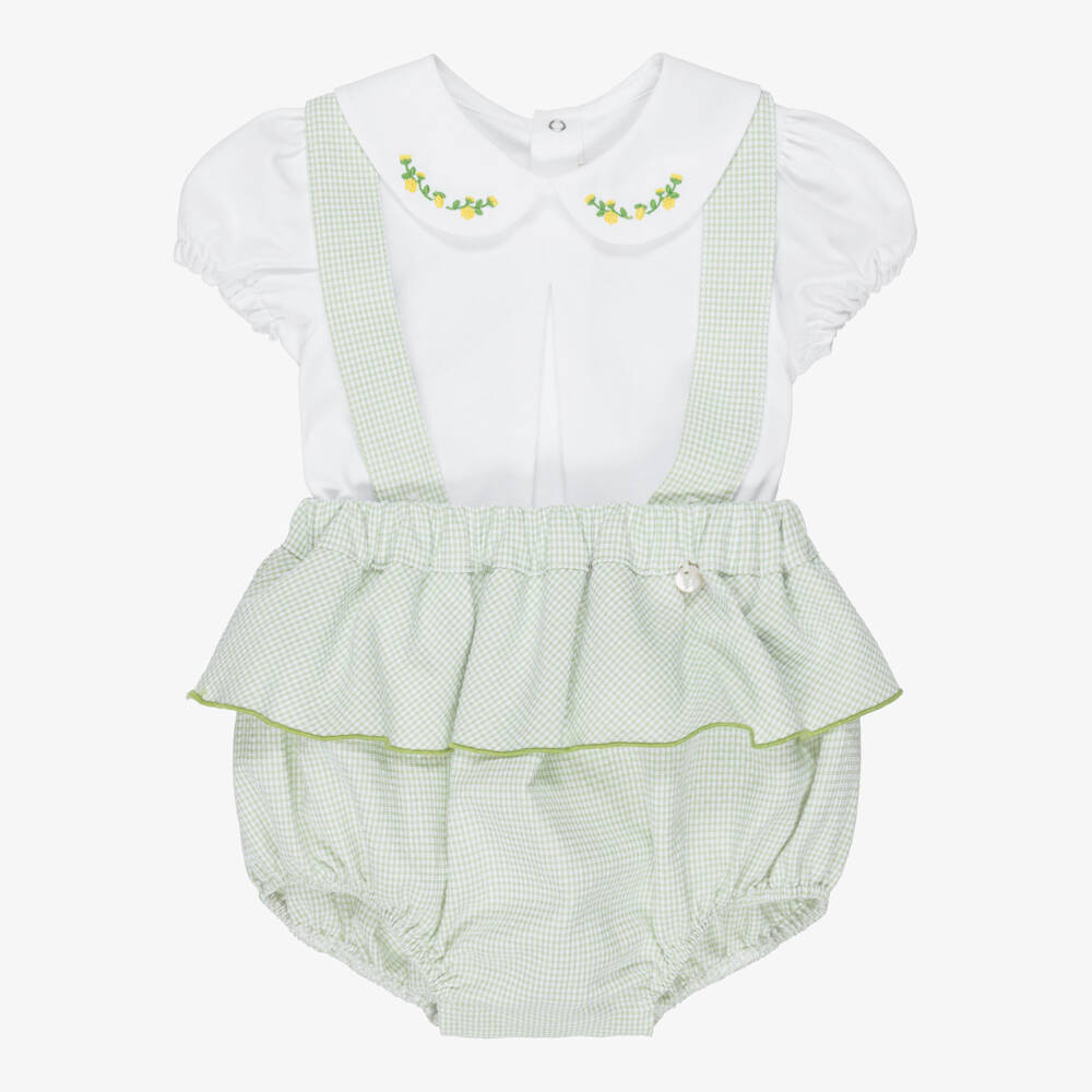 Pureté Du... Bébé-Girls Green Gingham Ruffled Shorts Set | Childrensalon