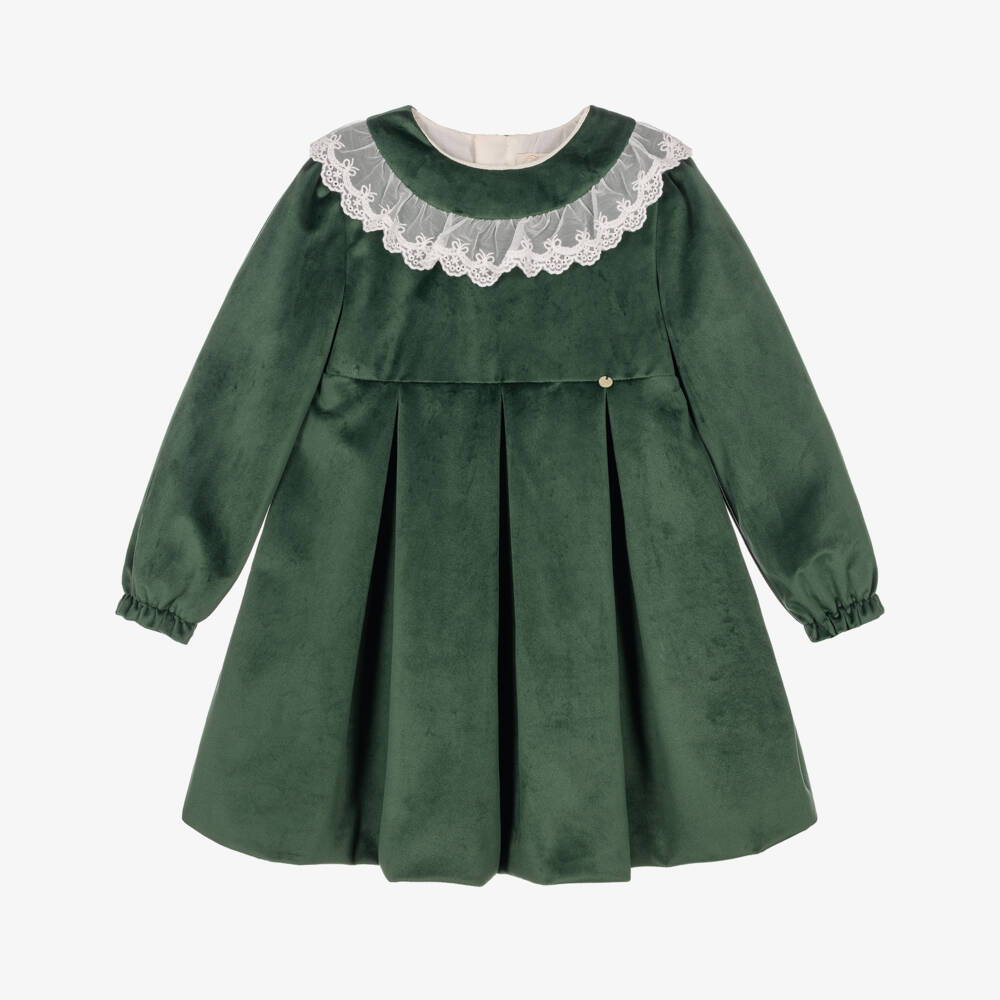 Pureté Du... Bébé-Girls Green Velvet Dress with Lace Collar | Childrensalon