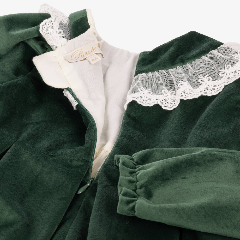 Pureté Du... Bébé-Girls Green Velvet Dress with Lace Collar | Childrensalon
