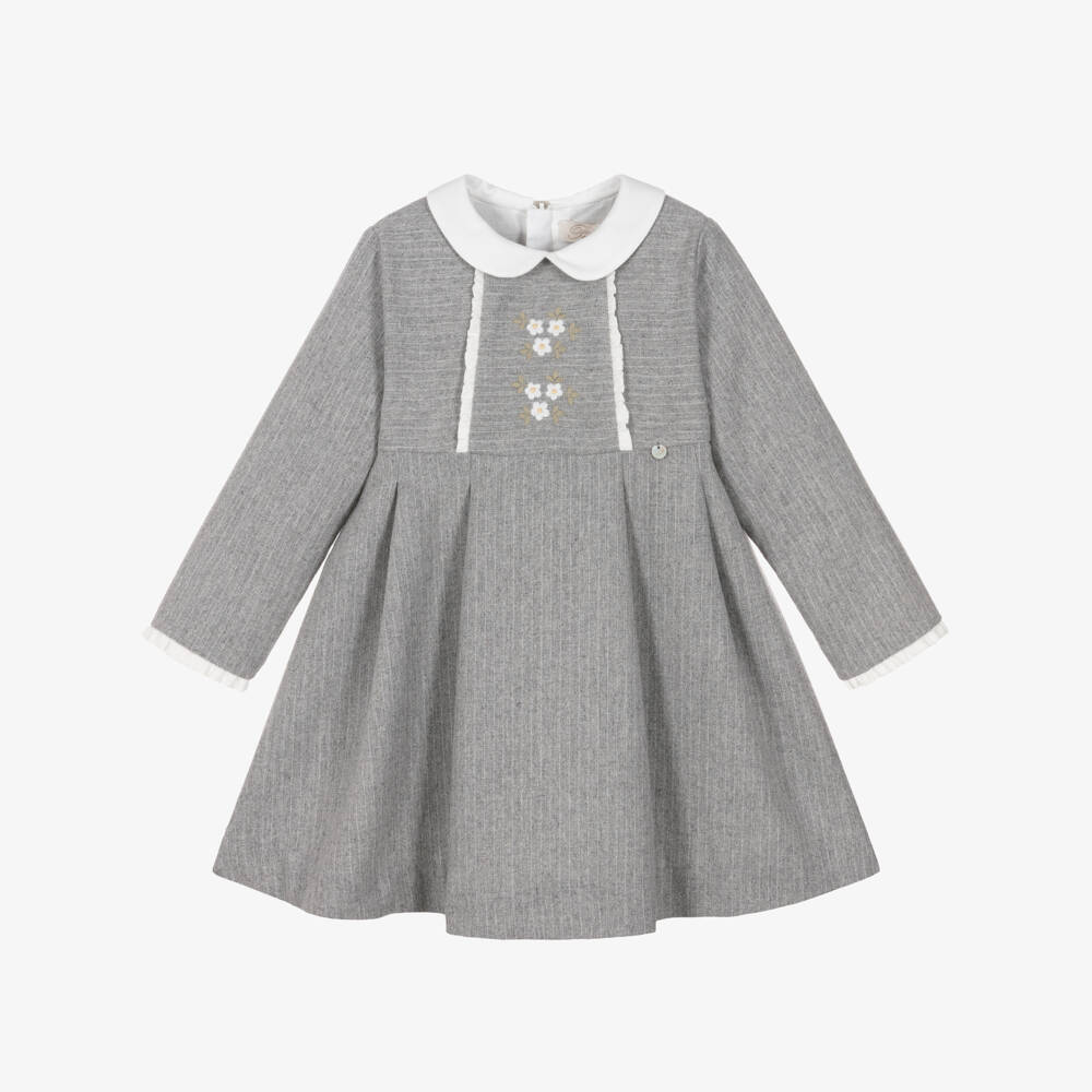 Pureté Du... Bébé-Girls Grey Dress with Ruffles & Embroidered Flowers | Childrensalon