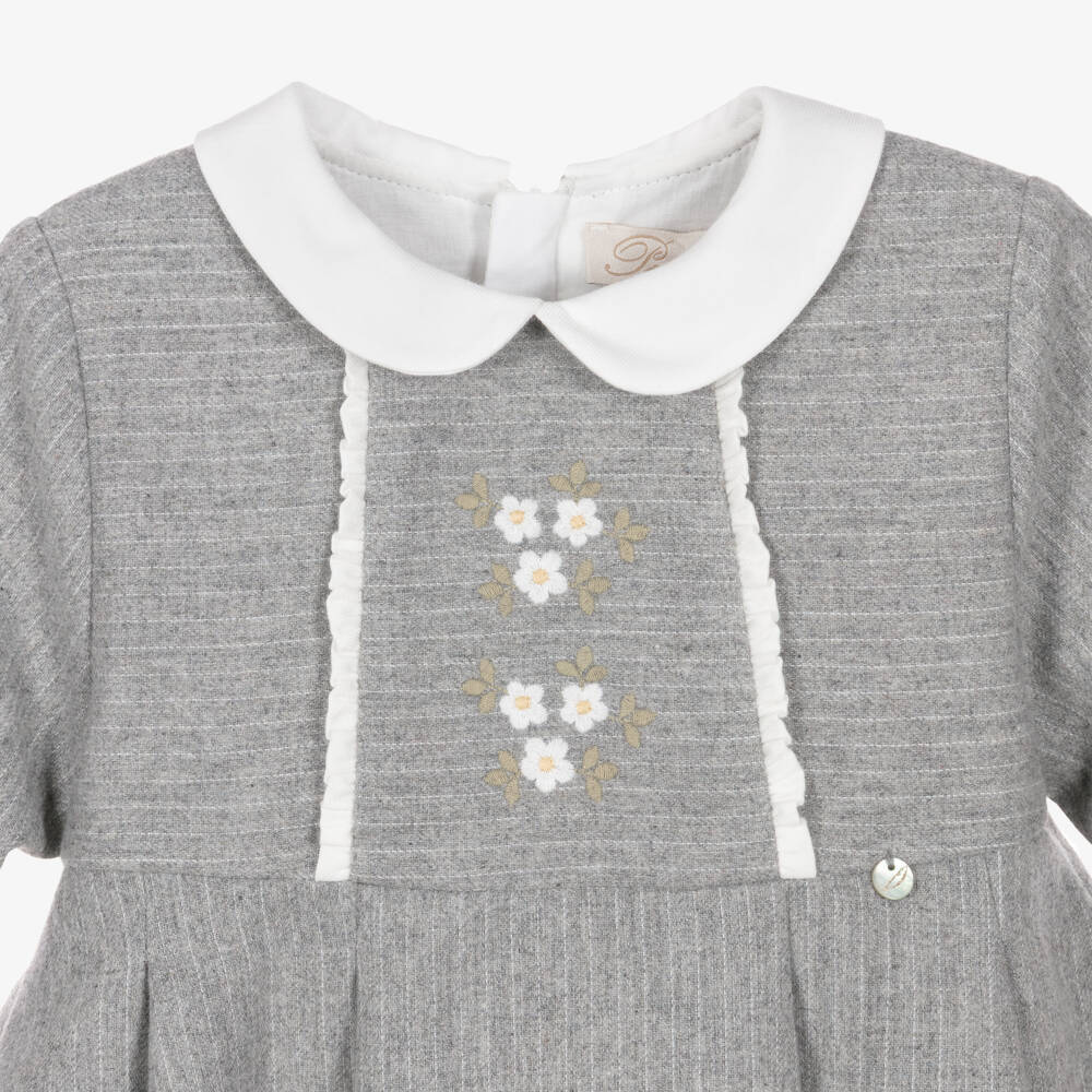 Pureté Du... Bébé-Girls Grey Dress with Ruffles & Embroidered Flowers | Childrensalon