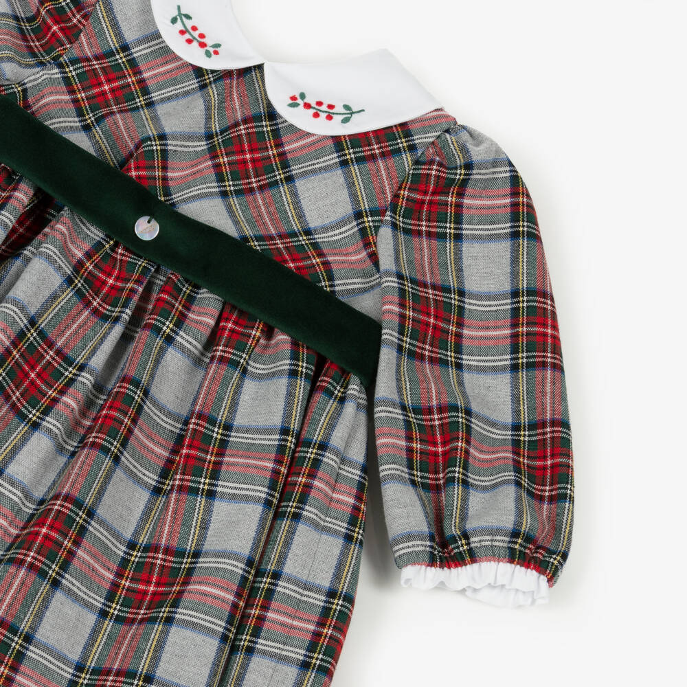 Pureté Du... Bébé-Girls Grey & Red Cotton Tartan Dress with Embroidered Collar | Childrensalon
