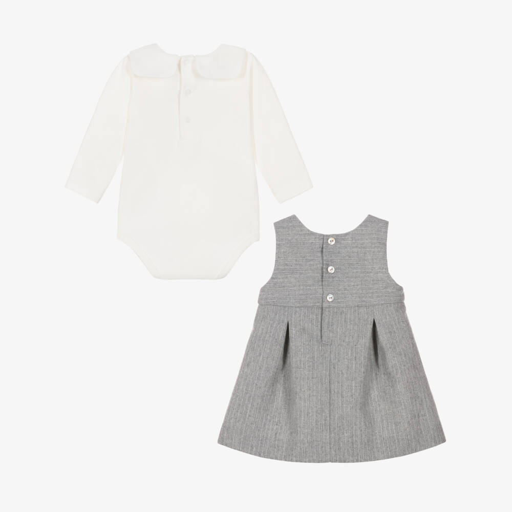 Pureté Du... Bébé-Girls Ivory & Grey Pinafore Dress Set | Childrensalon