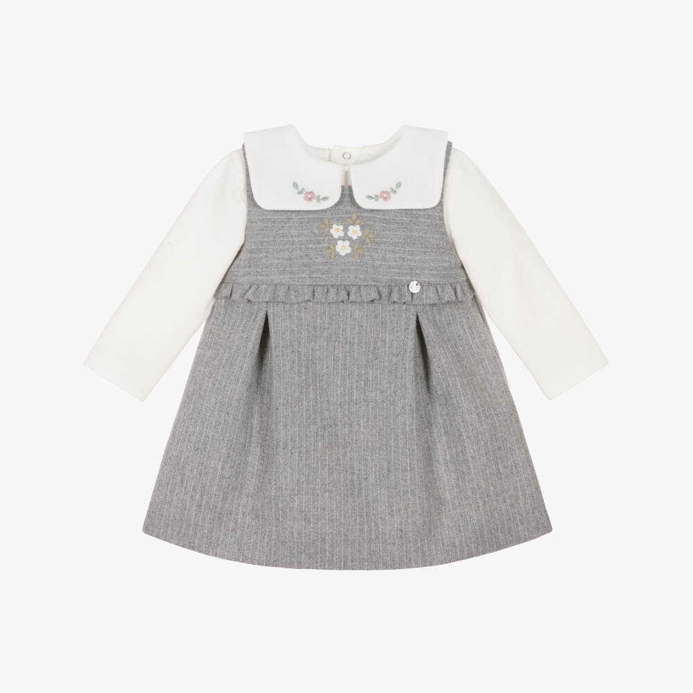 Pureté Du... Bébé-Girls Ivory & Grey Pinafore Dress Set | Childrensalon