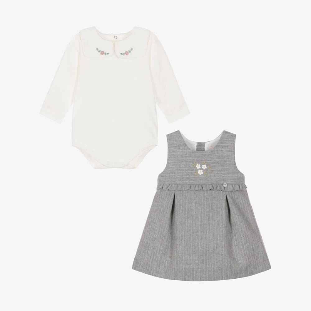 Pureté Du... Bébé-Girls Ivory & Grey Pinafore Dress Set | Childrensalon