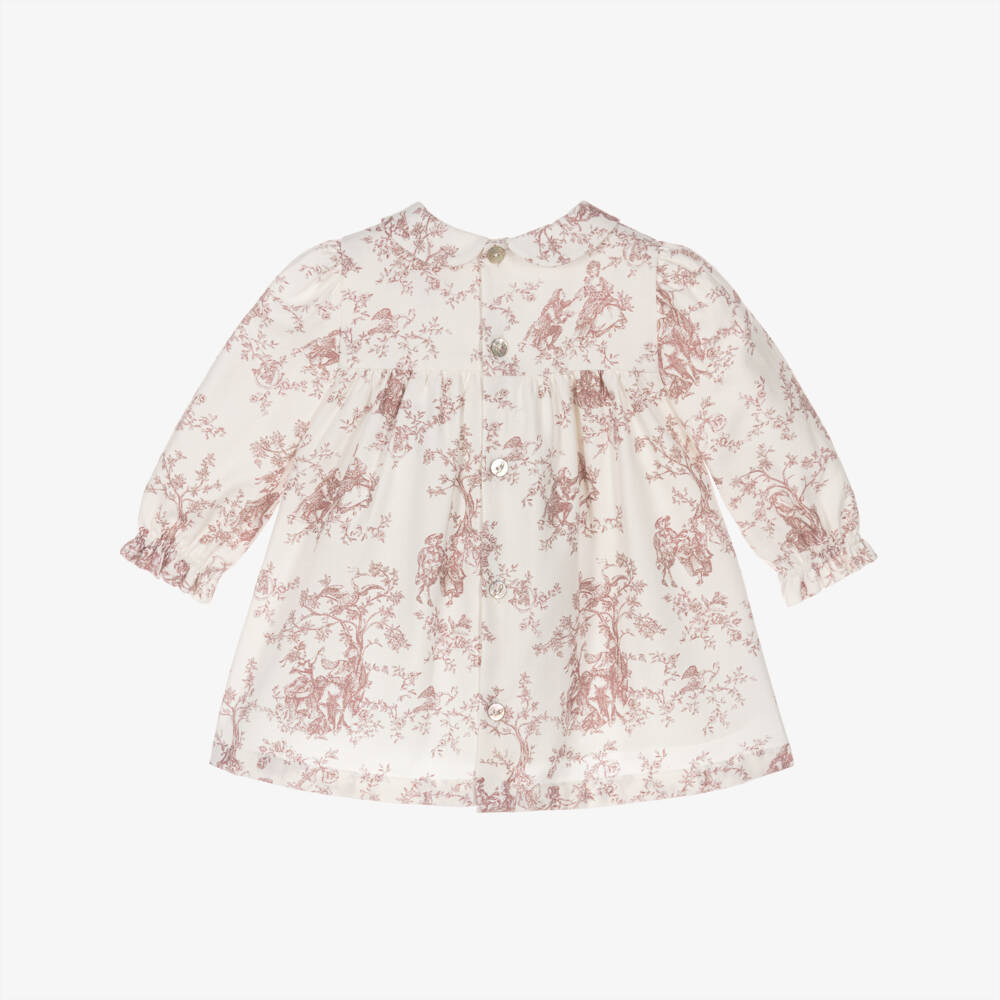 Pureté Du... Bébé-Girls Ivory & Pink Cotton Toile De Jouy Dress | Childrensalon