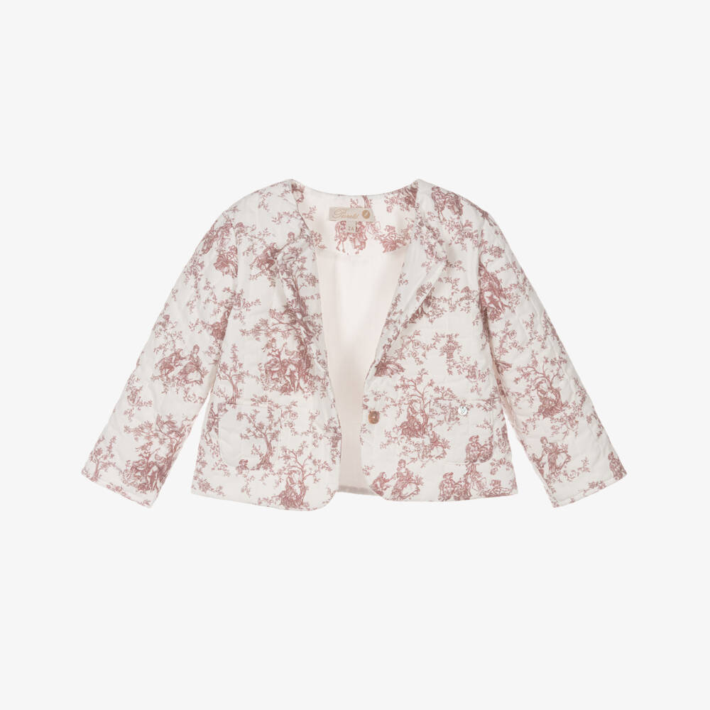 Pureté Du... Bébé-Girls Ivory & Pink Quilted Cotton Toile De Jouy Jacket | Childrensalon