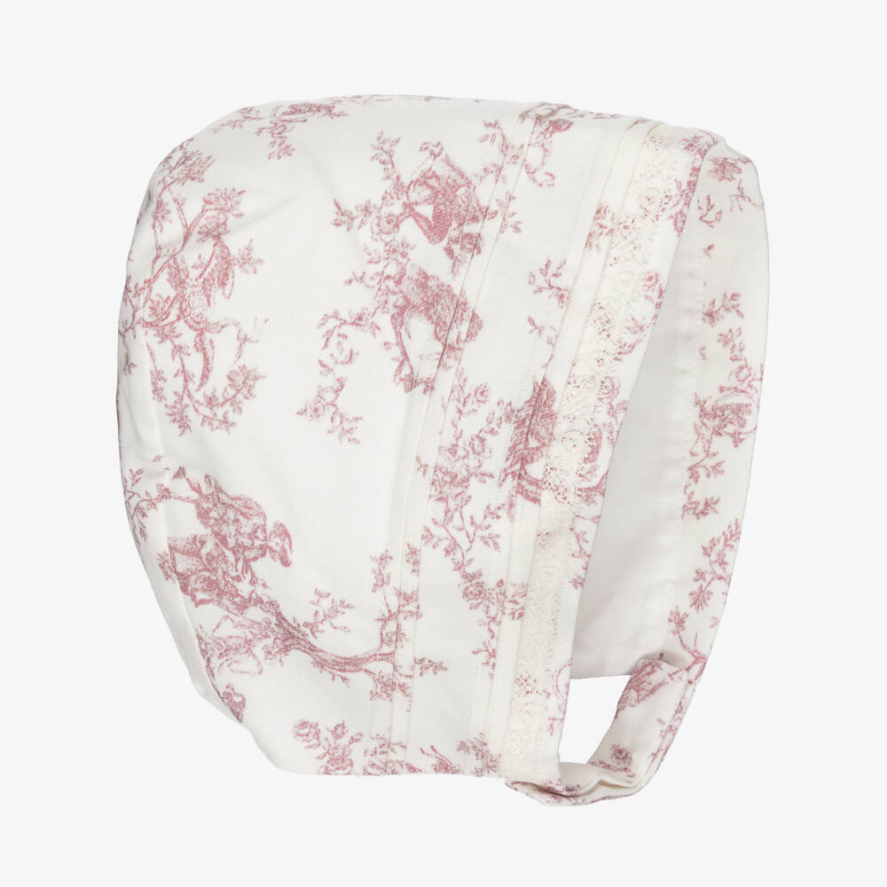 Pureté Du... Bébé-Girls Ivory & Pink Toile de Jouy Bonnet | Childrensalon