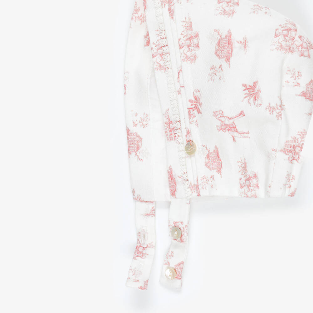 Pureté Du... Bébé-Girls Ivory & Pink Toile De Jouy Bonnet | Childrensalon