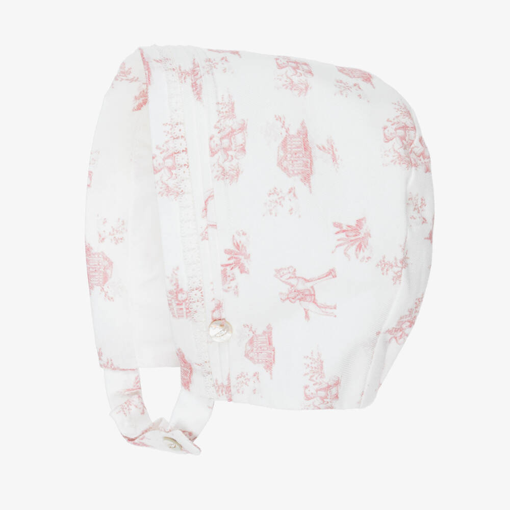 Pureté Du... Bébé-Girls Ivory & Pink Toile De Jouy Bonnet | Childrensalon