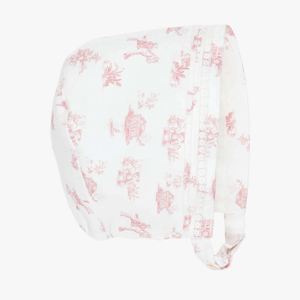 Pureté Du... Bébé-Girls Ivory & Pink Toile De Jouy Bonnet | Childrensalon