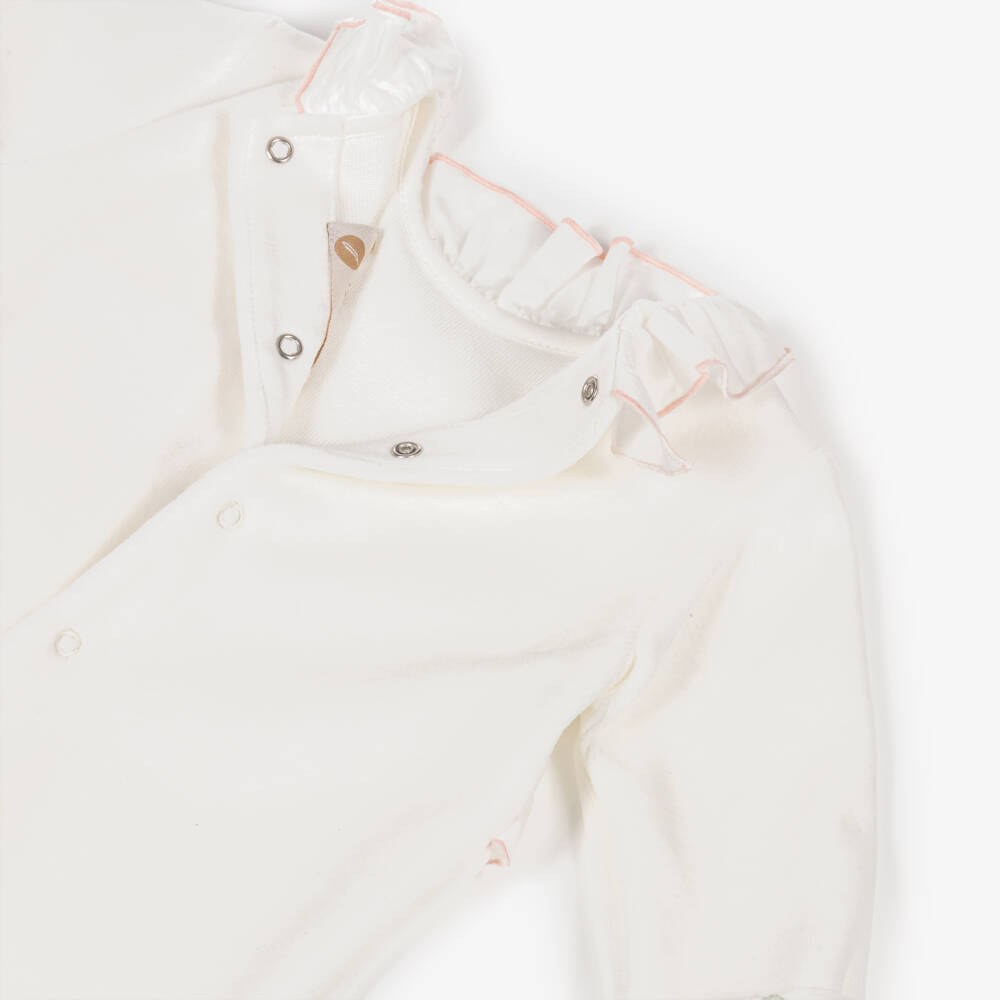 Pureté Du... Bébé-Girls Ivory Velour Babygrow with Floral Embroidery | Childrensalon