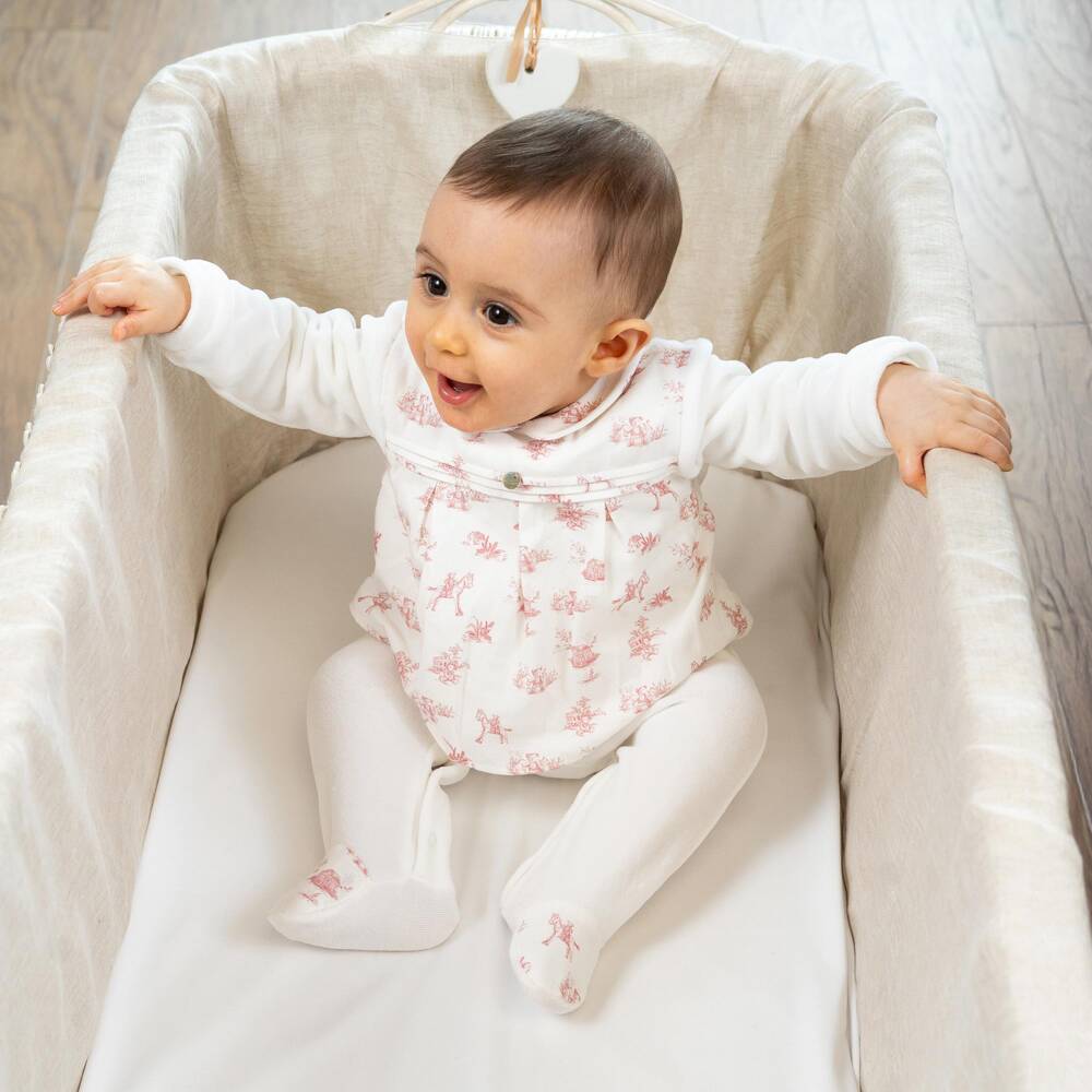 Pureté Du... Bébé-Girls Ivory Velour Babygrow with Pink Toile De Jouy Pattern | Childrensalon
