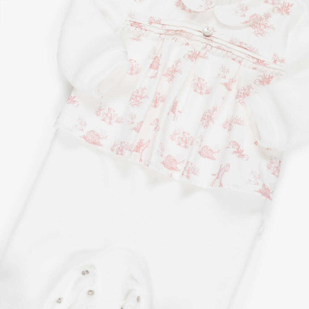 Pureté Du... Bébé-Girls Ivory Velour Babygrow with Pink Toile De Jouy Pattern | Childrensalon