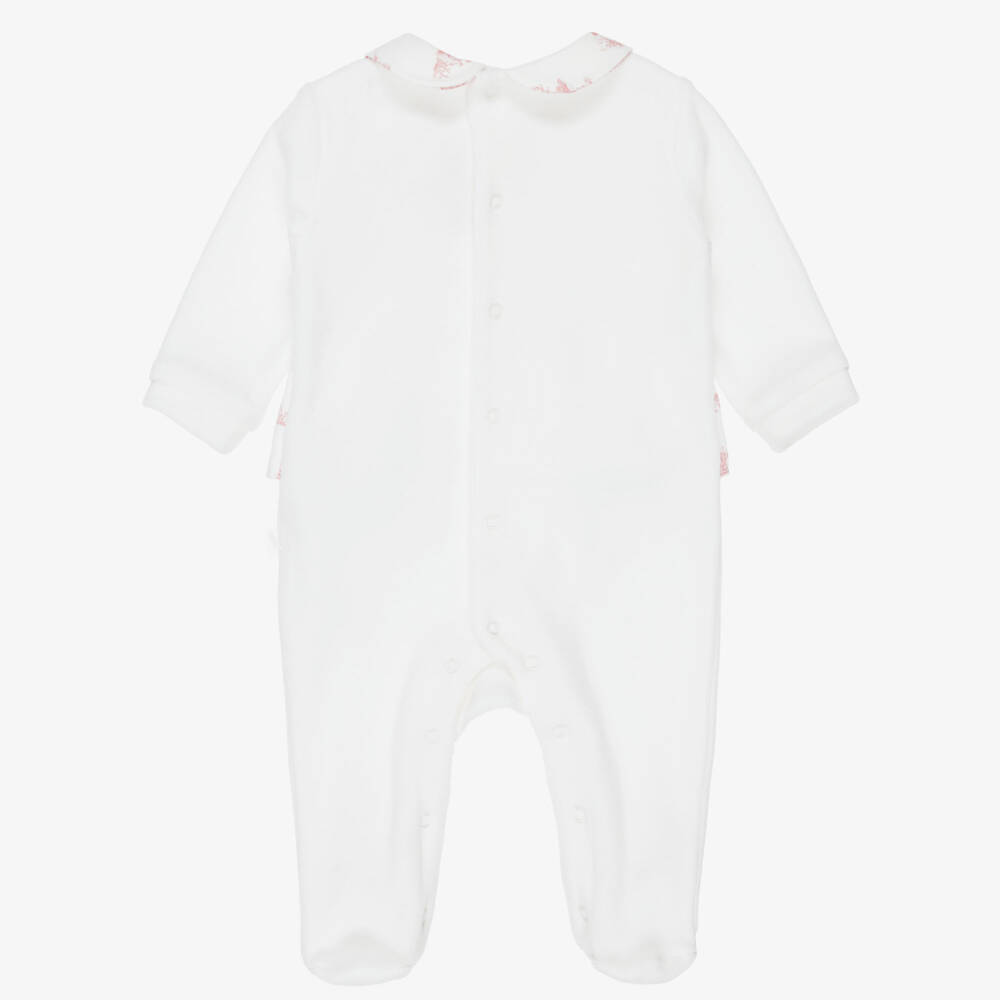 Pureté Du... Bébé-Girls Ivory Velour Babygrow with Pink Toile De Jouy Pattern | Childrensalon