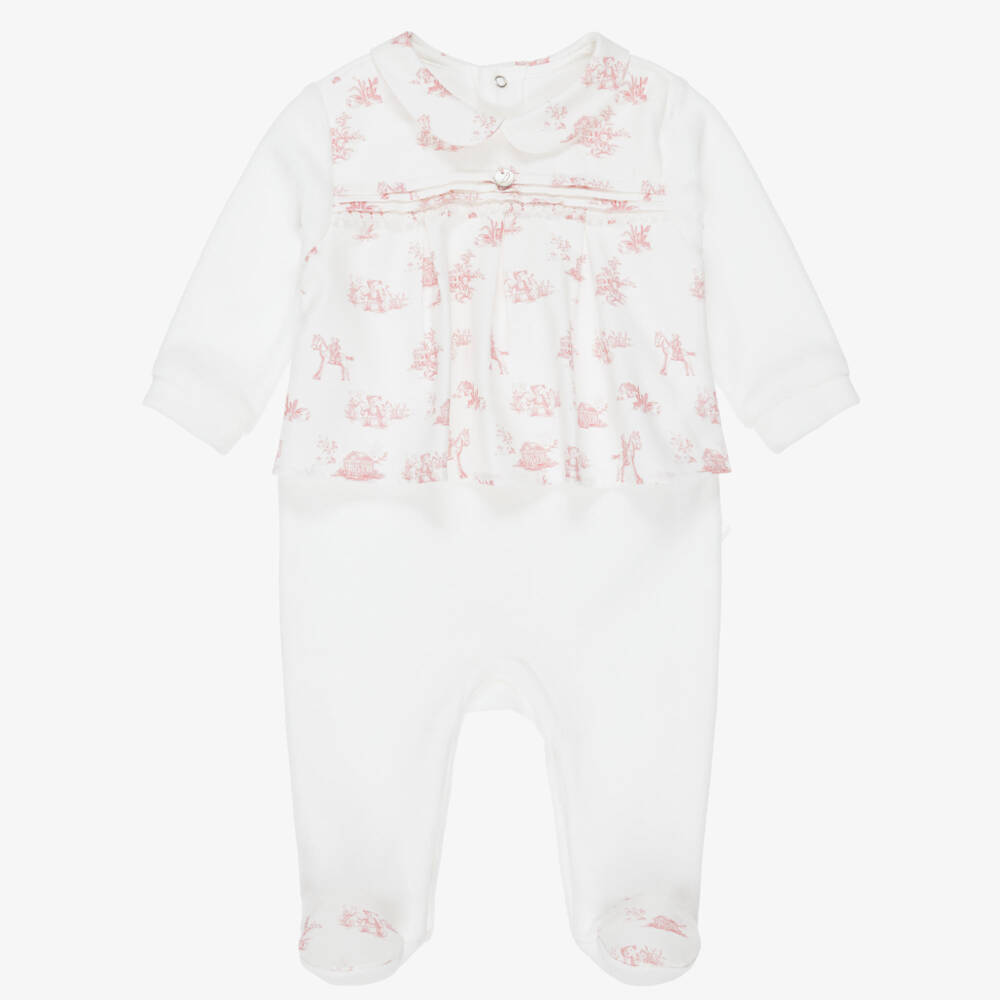 Pureté Du... Bébé-Girls Ivory Velour Babygrow with Pink Toile De Jouy Pattern | Childrensalon