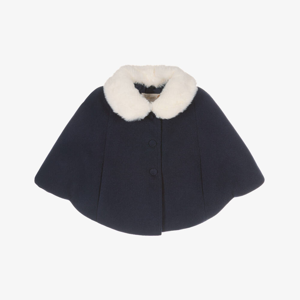 Pureté Du... Bébé-Girls Navy Blue Faux Fur Collar Cape | Childrensalon