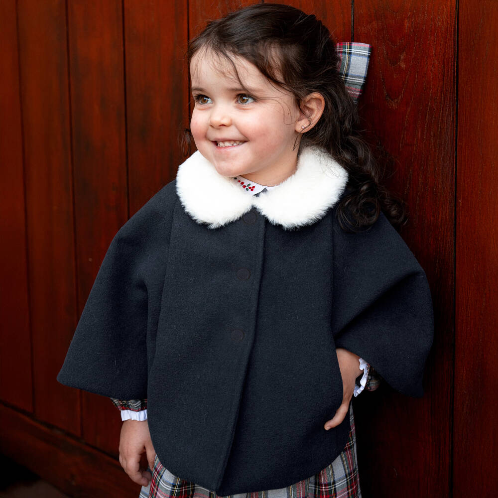 Pureté Du... Bébé-Girls Navy Blue Felted Cape with Detachable Faux Fur Collar | Childrensalon