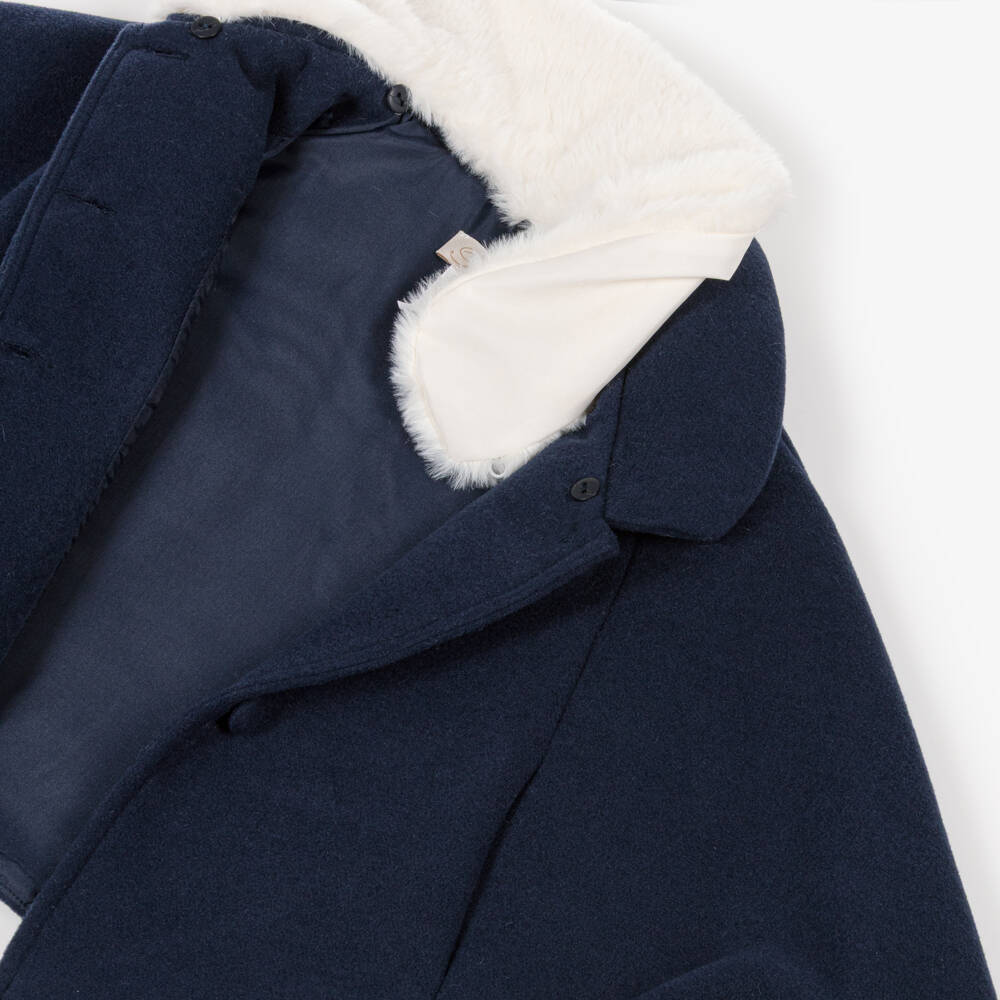 Pureté Du... Bébé-Girls Navy Blue Felted Cape with Detachable Faux Fur Collar | Childrensalon
