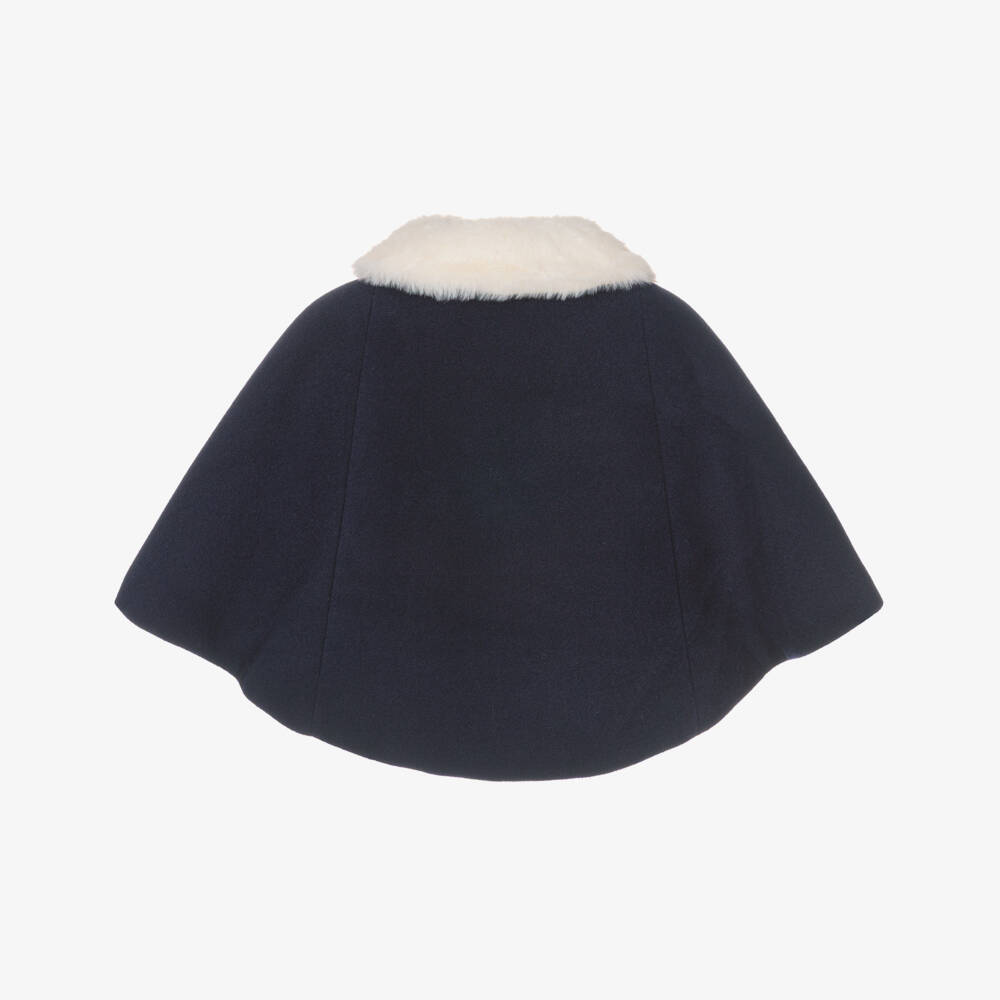Pureté Du... Bébé-Girls Navy Blue Felted Cape with Detachable Faux Fur Collar | Childrensalon