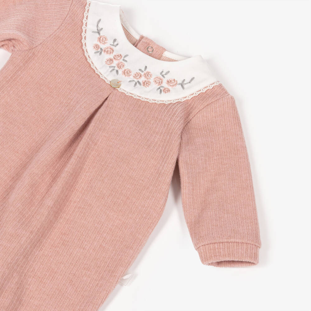 Pureté Du... Bébé-Girls Pink Jersey Babygrow with Embroidered Collar  | Childrensalon