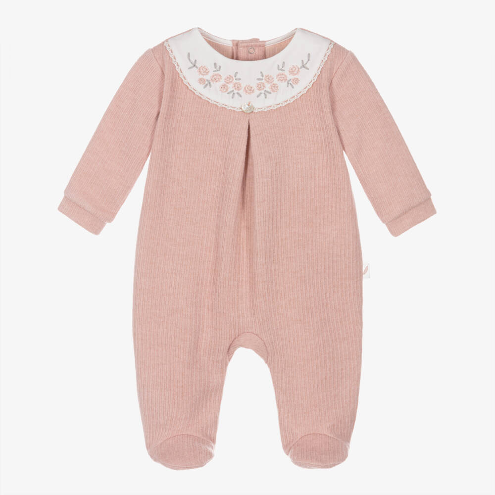 Pureté Du... Bébé-Girls Pink Jersey Babygrow with Embroidered Collar  | Childrensalon
