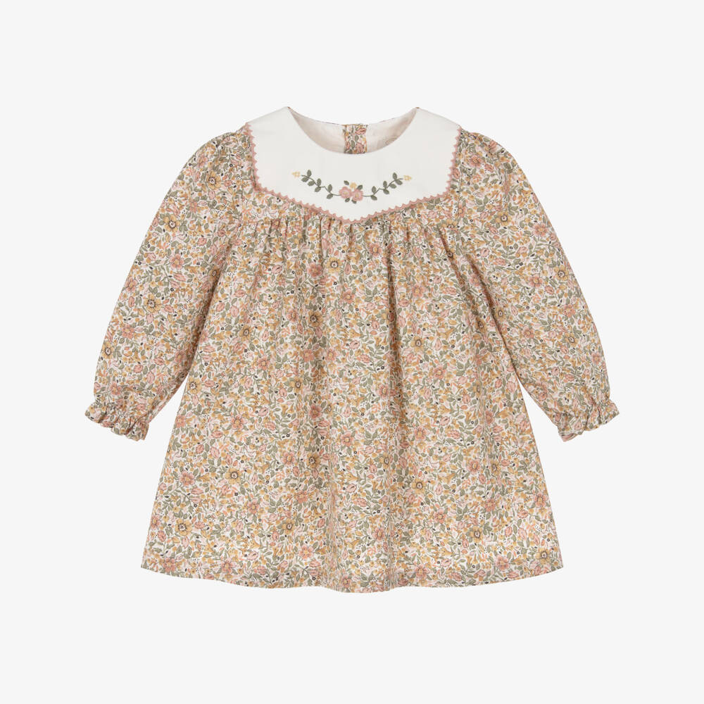 Pureté Du... Bébé-Girls Pink & Yellow Floral Print Cotton Dress  | Childrensalon
