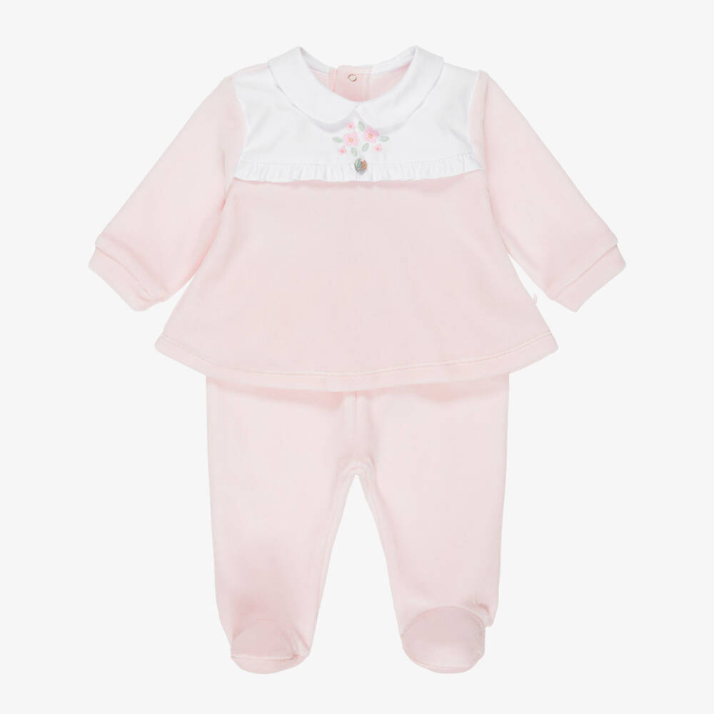 Pureté Du... Bébé-Girls Two-Piece Babygrow in Pale Pink Velour | Childrensalon
