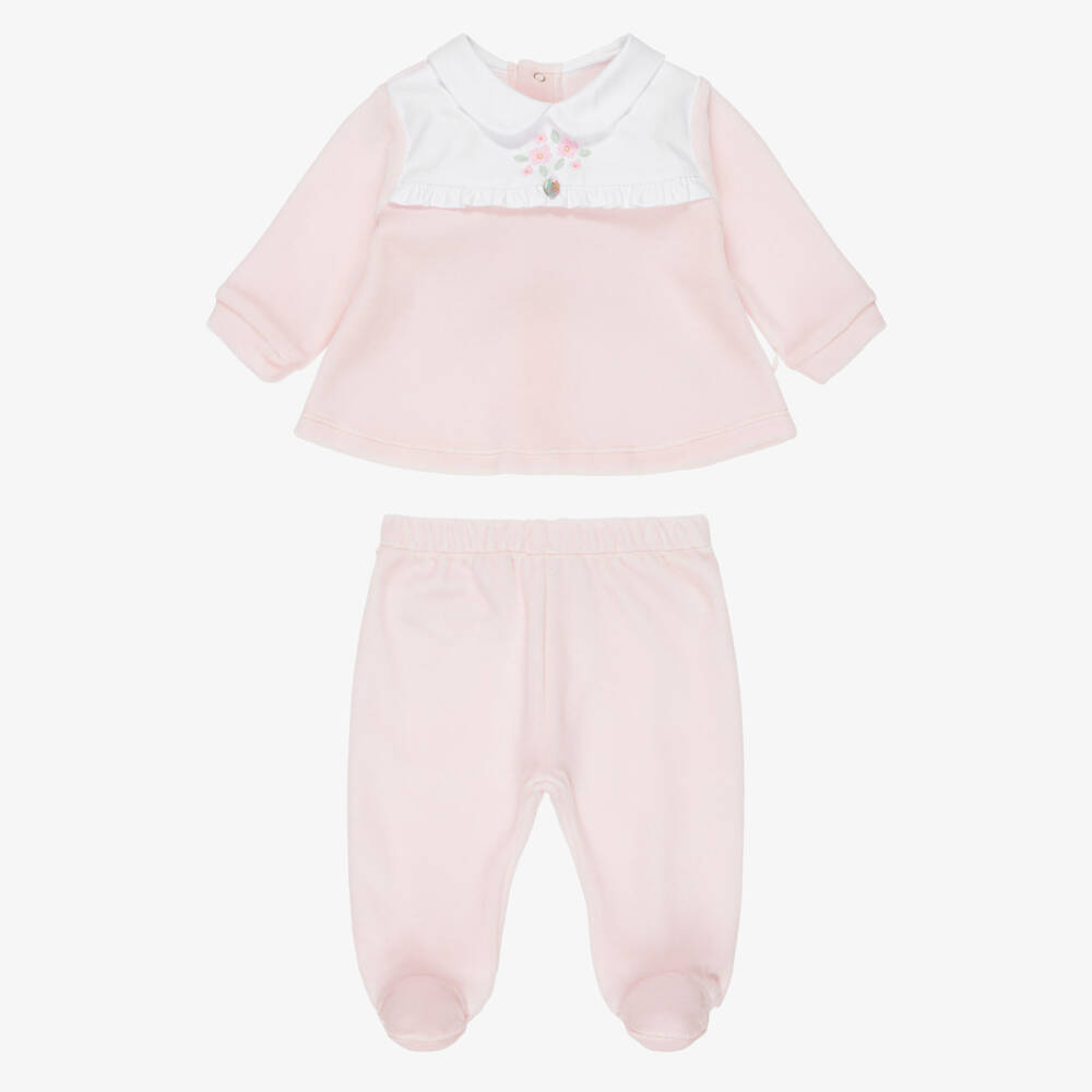 Pureté Du... Bébé-Girls Two-Piece Babygrow in Pale Pink Velour | Childrensalon