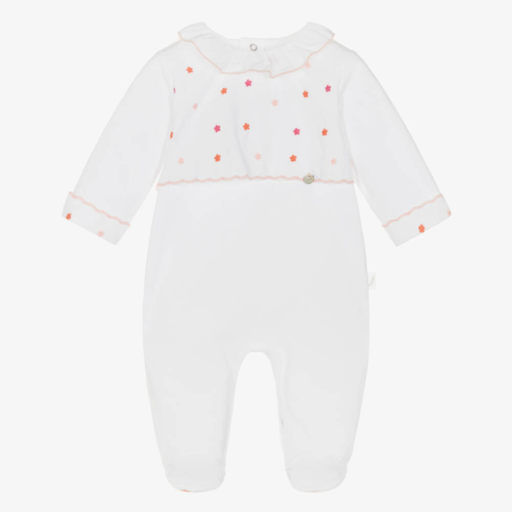 Pureté Du... Bébé-Girls White Babygrow with Embroidered Pink Flowers | Childrensalon
