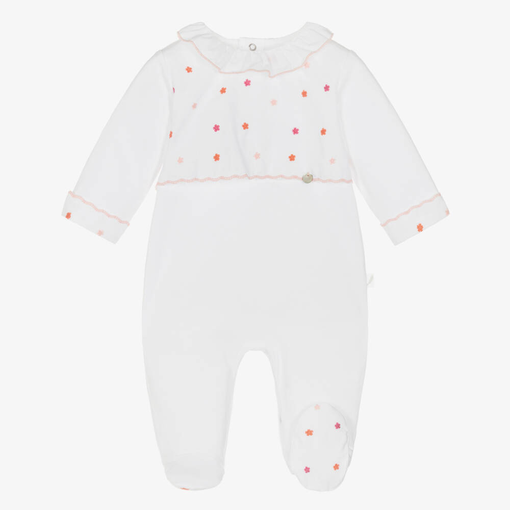 Pureté Du... Bébé-Girls White Babygrow with Embroidered Pink Flowers | Childrensalon
