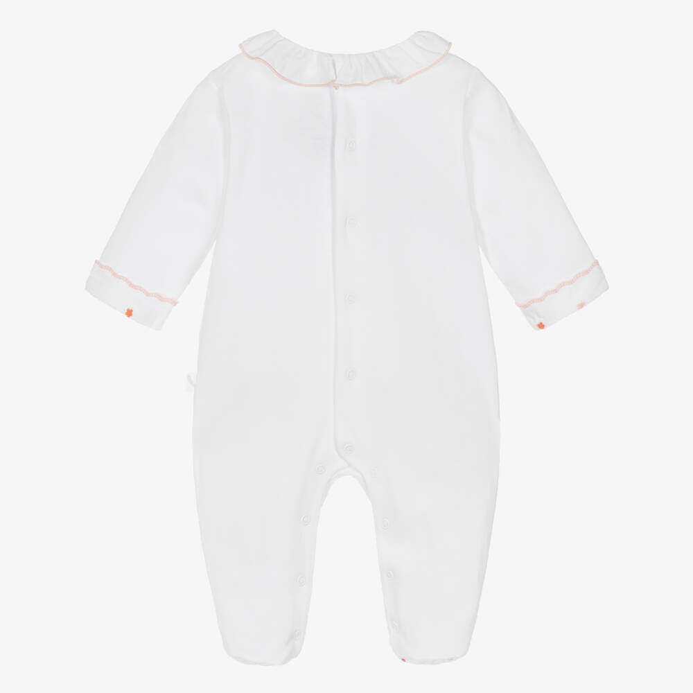 Pureté Du... Bébé-Girls White Babygrow with Embroidered Pink Flowers | Childrensalon
