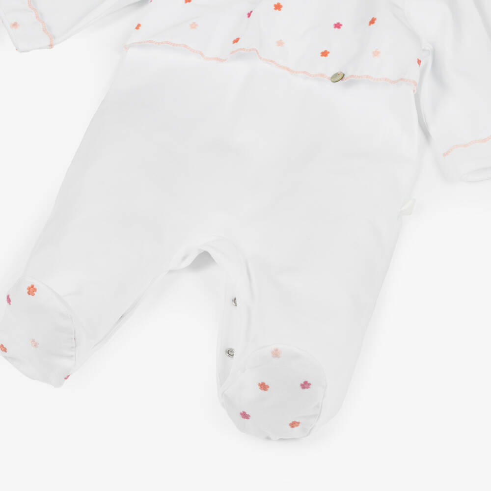 Pureté Du... Bébé-Girls White Babygrow with Embroidered Pink Flowers | Childrensalon