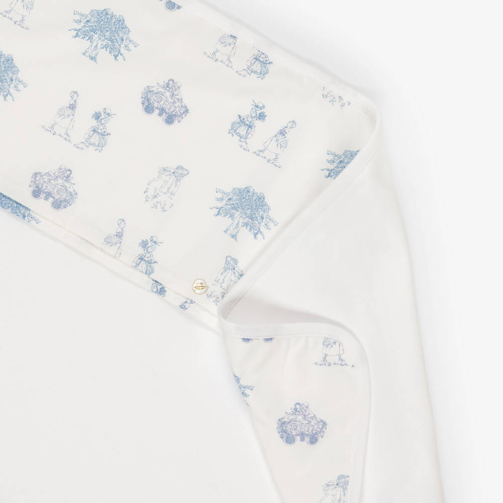 Pureté Du... Bébé-Girls White & Blue Toile De Jouy Cotton Blanket (73cm) | Childrensalon