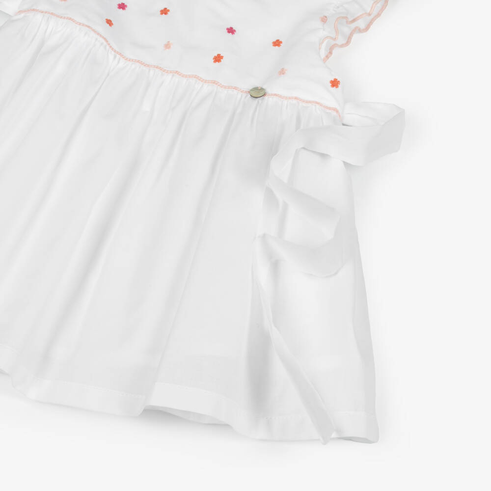 Pureté Du... Bébé-Girls White Cotton Dress with Embroidered Pink Flowers | Childrensalon