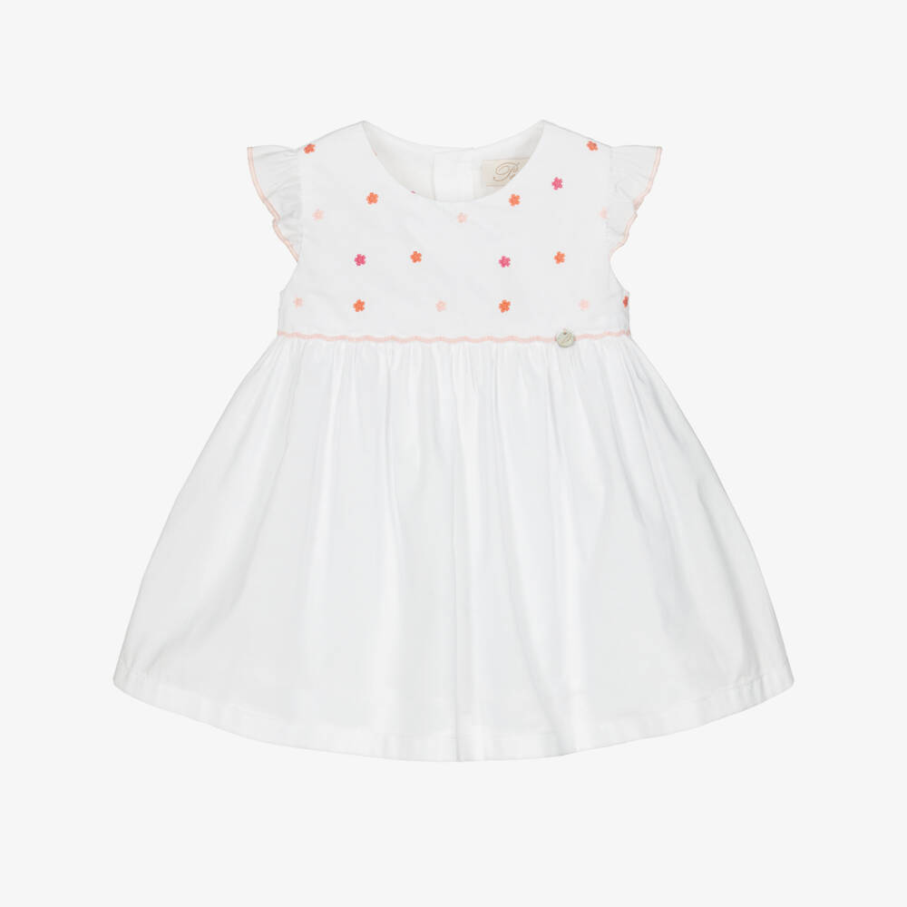 Pureté Du... Bébé-Girls White Cotton Dress with Embroidered Pink Flowers | Childrensalon