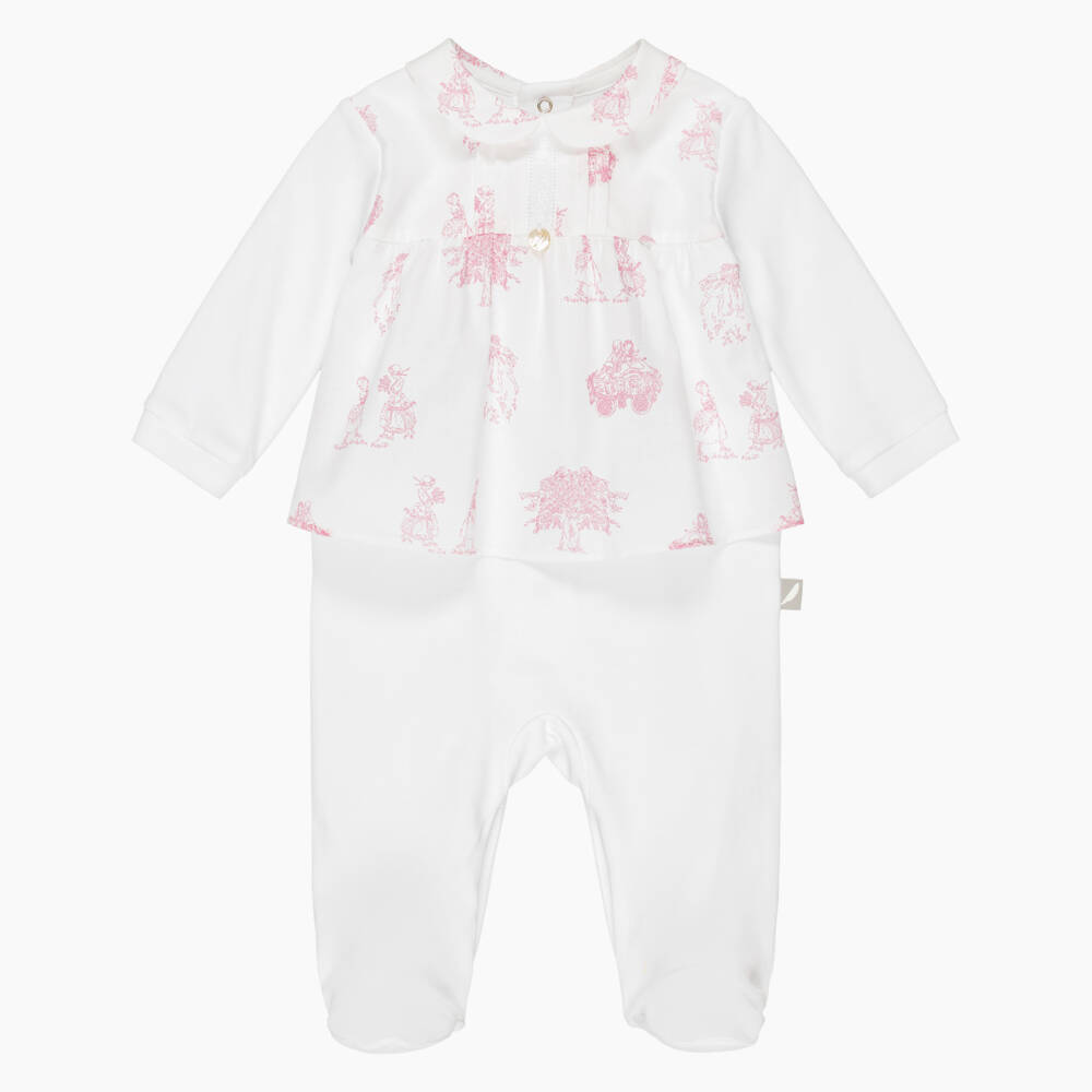 Pureté Du... Bébé-Girls White & Pink Toile De Jouy Cotton Babygrow | Childrensalon