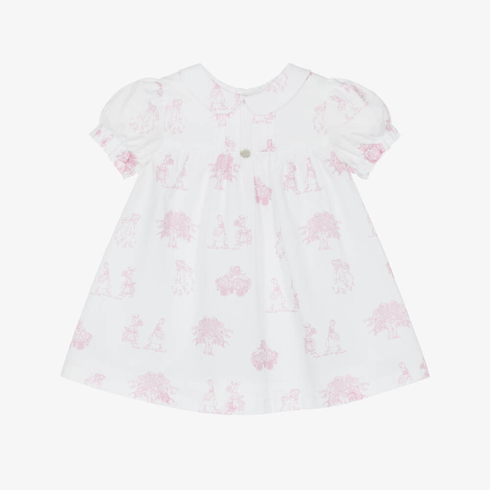 Pureté Du... Bébé-Girls White & Pink Toile De Jouy Cotton Dress | Childrensalon