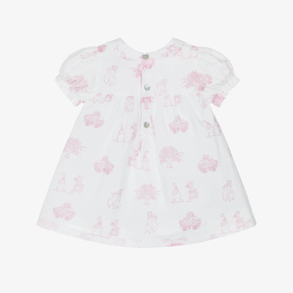 Pureté Du... Bébé-Girls White & Pink Toile De Jouy Cotton Dress | Childrensalon