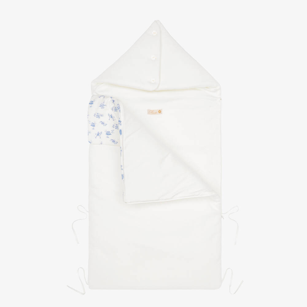 Pureté Du... Bébé-Ivory & Blue Toile De Jouy Velour Baby Nest (86cm) | Childrensalon