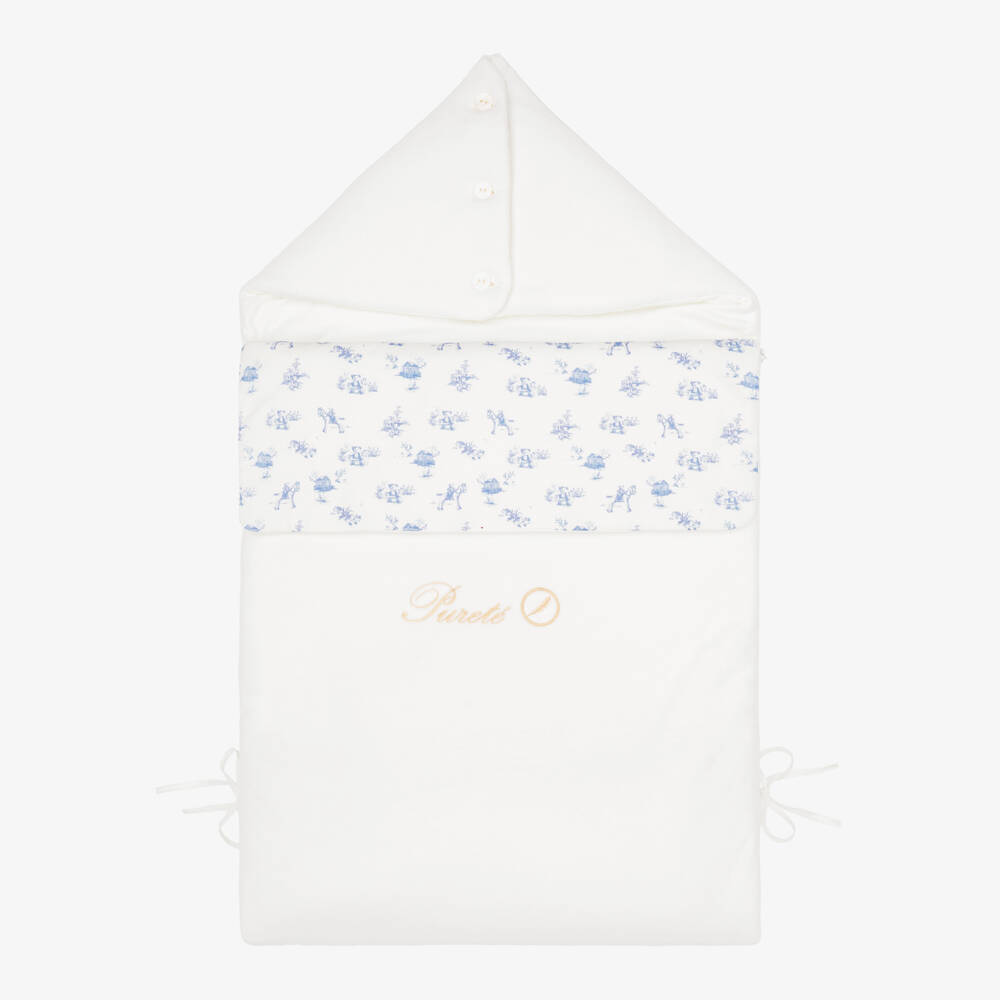 Pureté Du... Bébé-Ivory & Blue Toile De Jouy Velour Baby Nest (86cm) | Childrensalon