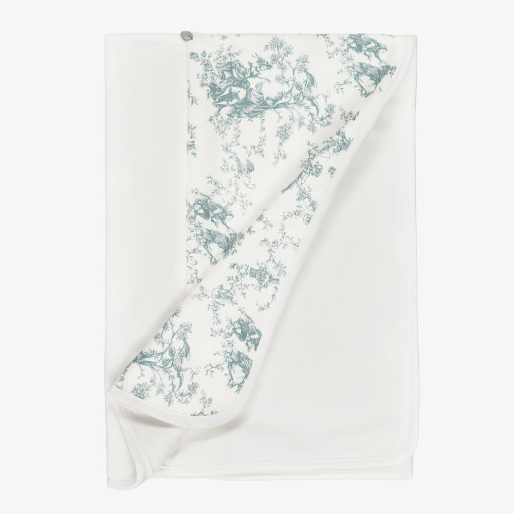 Pureté Du... Bébé-Ivory & Green Toile De Jouy Velour Baby Blanket (76cm) | Childrensalon