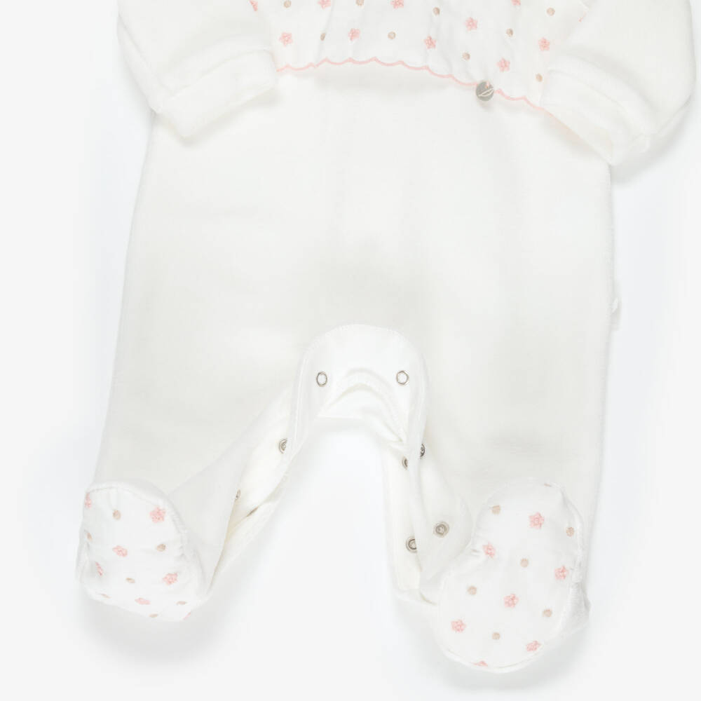 Pureté Du... Bébé-Ivory Velour Babygrow with Embroidered Flowers | Childrensalon