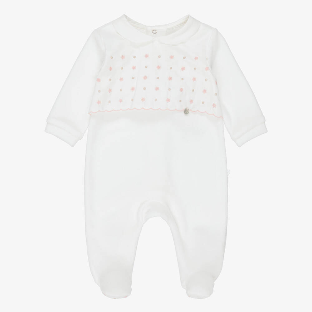 Pureté Du... Bébé-Ivory Velour Babygrow with Embroidered Flowers | Childrensalon