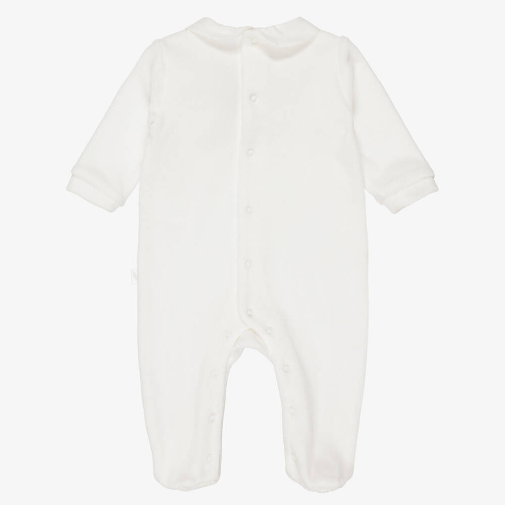 Pureté Du... Bébé-Ivory Velour Babygrow with Embroidered Panel | Childrensalon