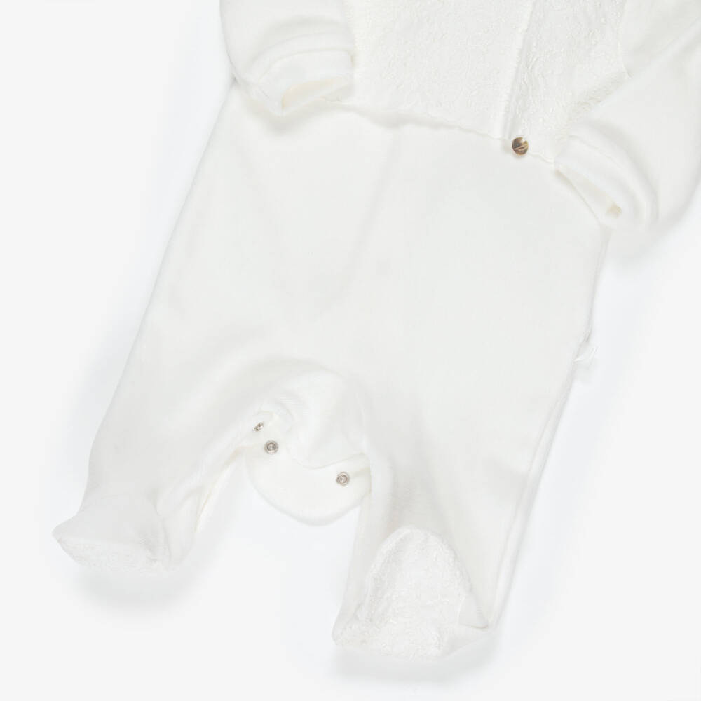 Pureté Du... Bébé-Ivory Velour Babygrow with Embroidered Panel | Childrensalon