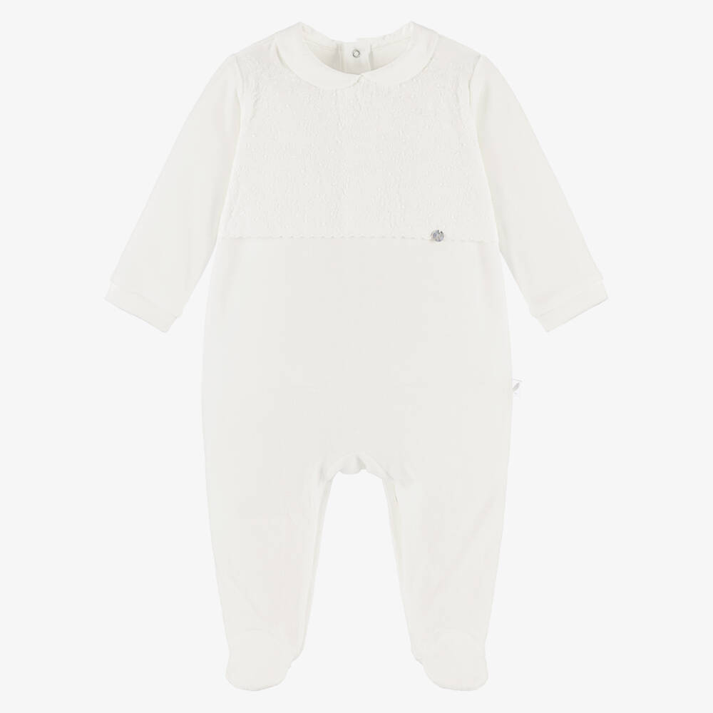 Pureté Du... Bébé-Ivory Velour Babygrow with Embroidered Panel | Childrensalon