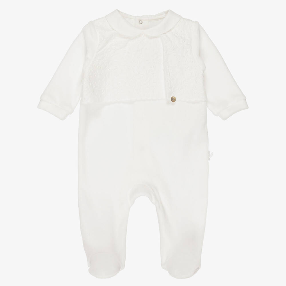 Pureté Du... Bébé-Ivory Velour Babygrow with Embroidered Panel | Childrensalon